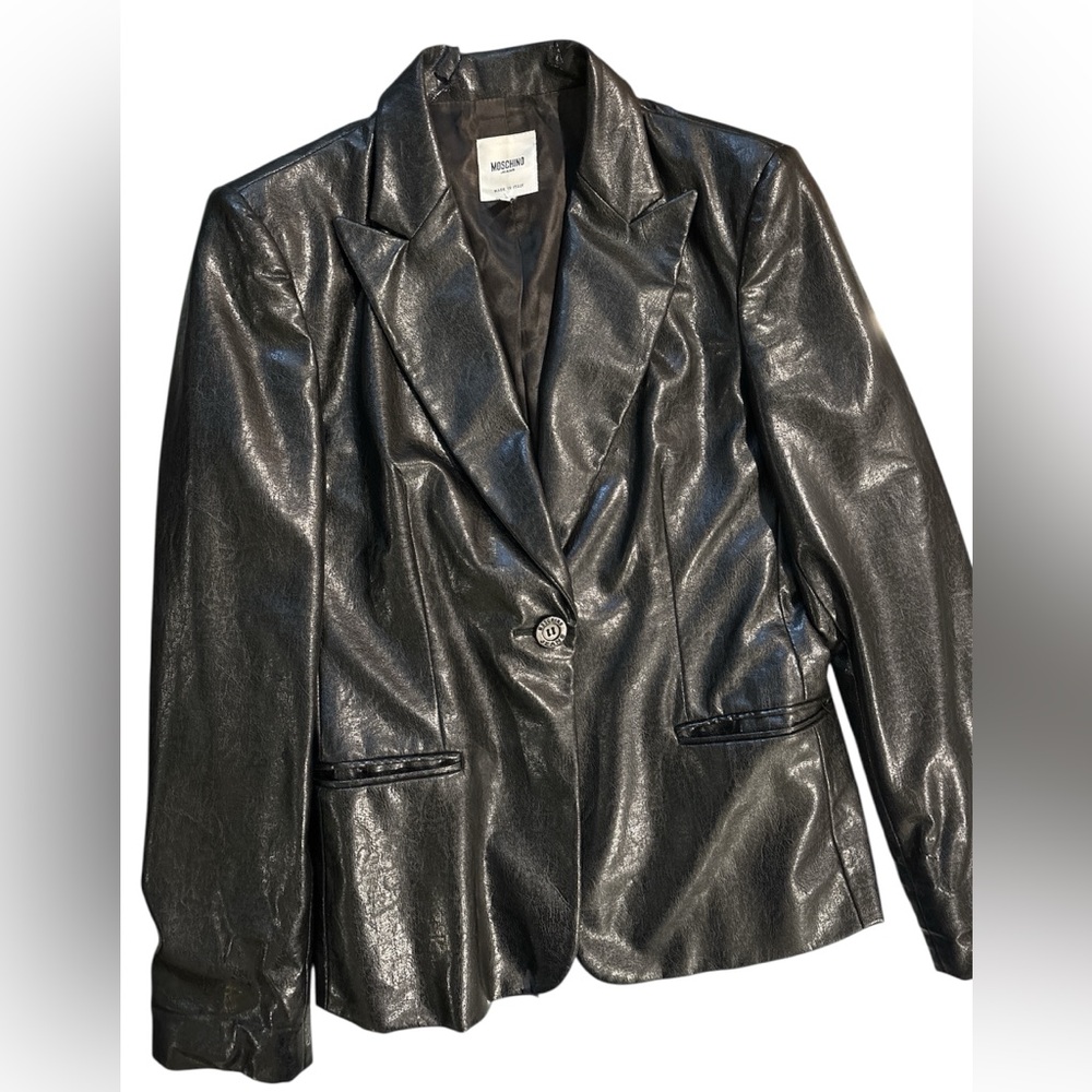 Moschino Black Women's Faux Leather Pleather Single Button Large Lapel Jacket 44